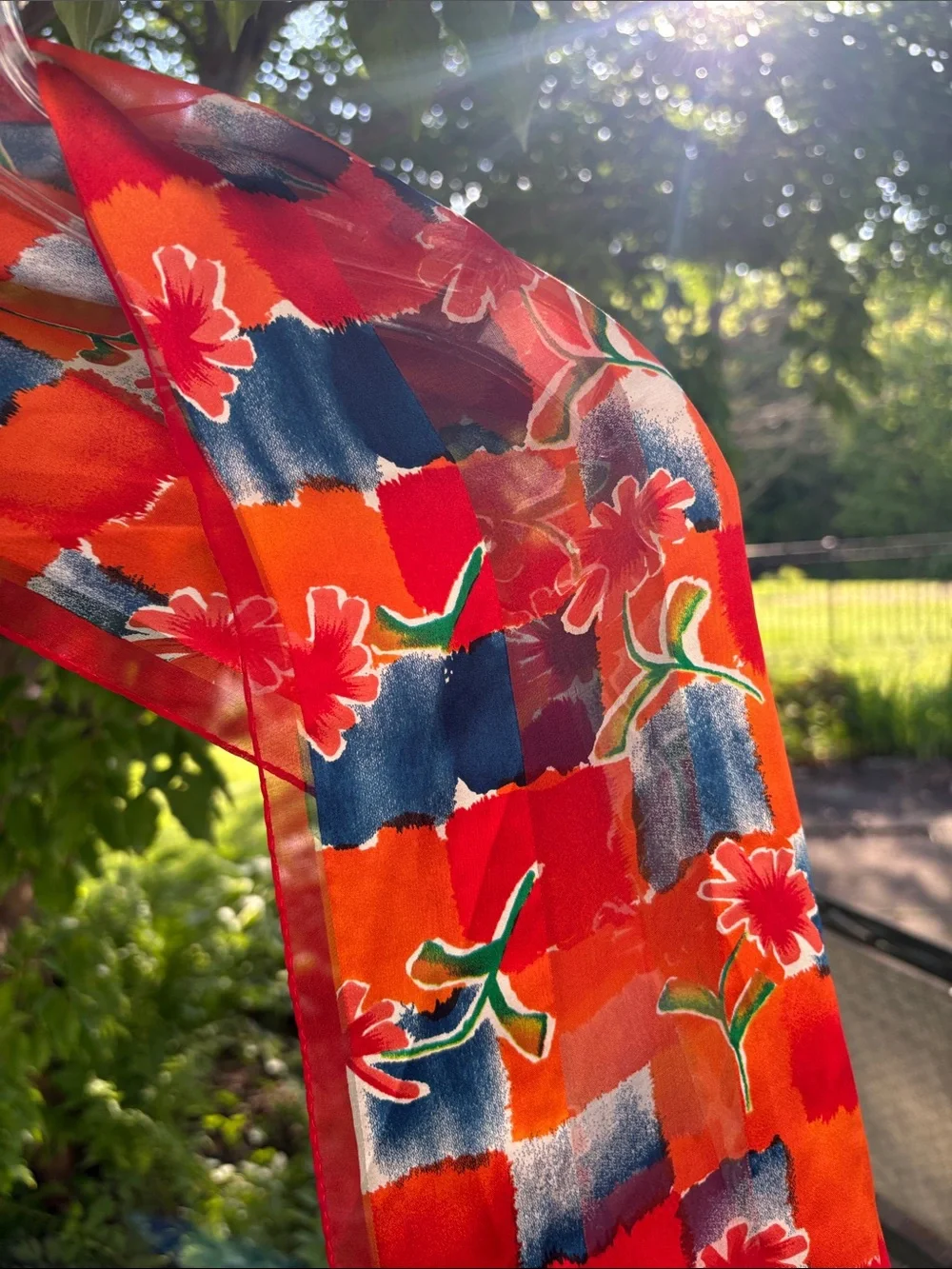 Vibrant Red Floral Silk Scarf
